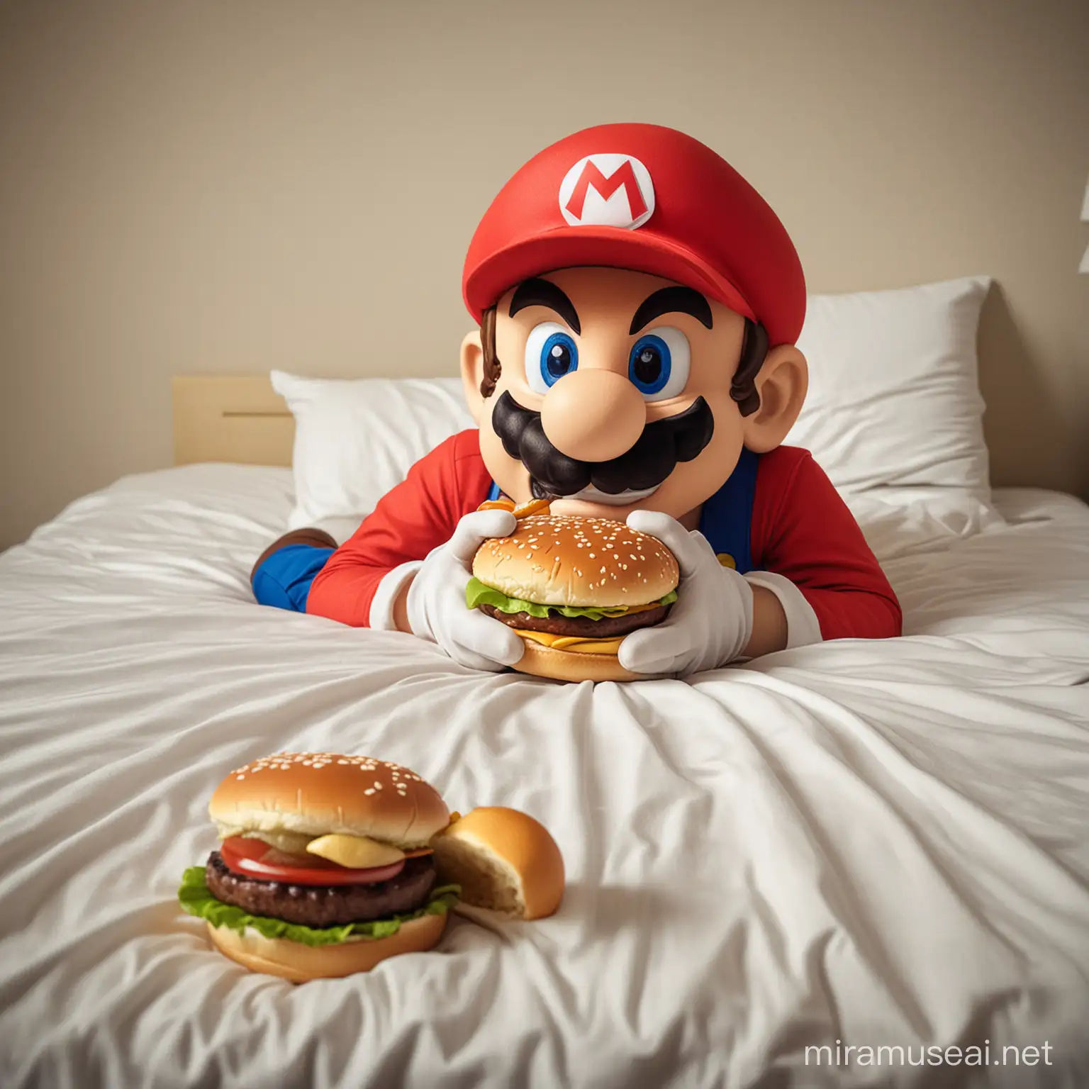 Супер Марио ест гамбургер и лежит на кровати