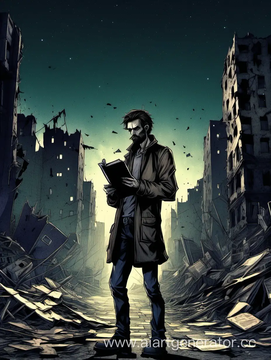 не бритый парень держит закрытый дневник и смотрит на лево с опаской. стоит он на фоне разрушеного города ночью сзади него какие то тени не похожие на человека. Света нет
