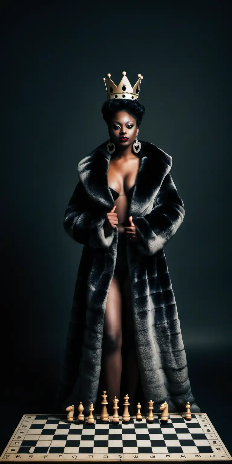 Elegant Black Queen Woman in Fur Coat Standing on Chessboard