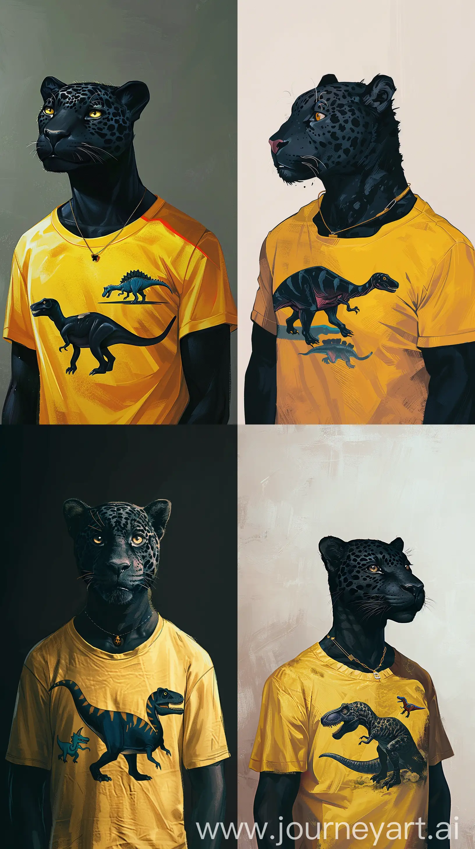 William wry art style of a black jaguar as a man with black body , wearing a yellow t shirt with a dinosaur on it, as phone wallpaper,  --ar 9:16