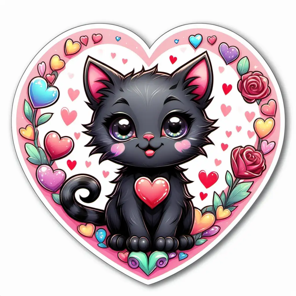 fairytale,whimsical,
COLORFUL
black cartoon,valentine kitten STICKER, 
bright pastel, white background,