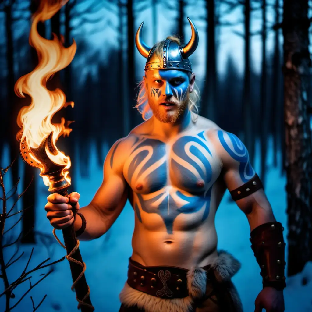 Blond Viking warrior, blue face-paint, in a winter pine forest at night, shirtless, holding a flaming torch