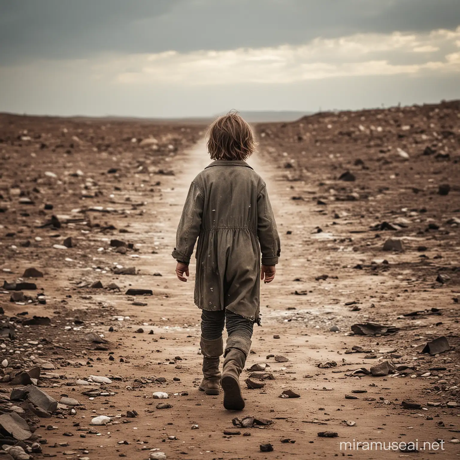 Lonely Child Walking in Barren Wasteland