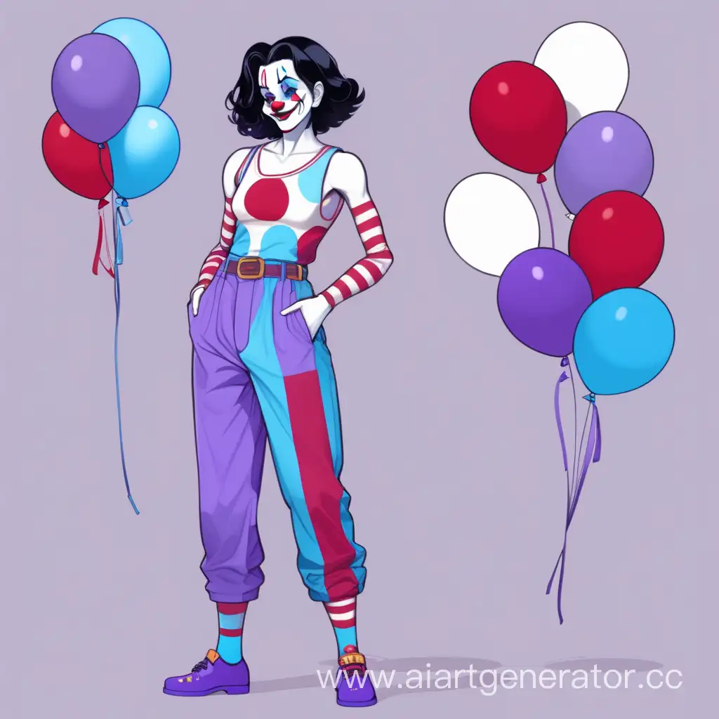 purple and red and light blue colour palette on clothes 
a grown slight muscular woman black hair with little purple 
blue eyes 
reference sheet style 
as a clown
fullbody