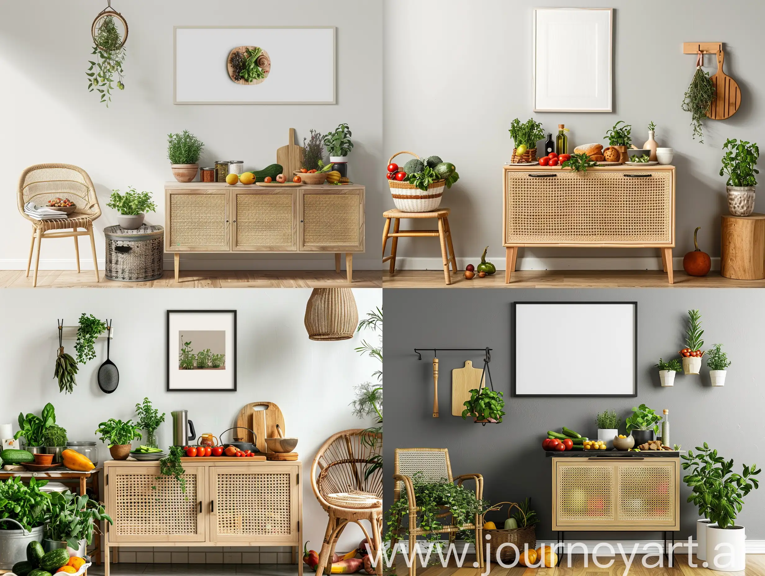 Modern-Kitchen-Interior-Design-with-Rattan-Commode-and-Fresh-Herb-Decor