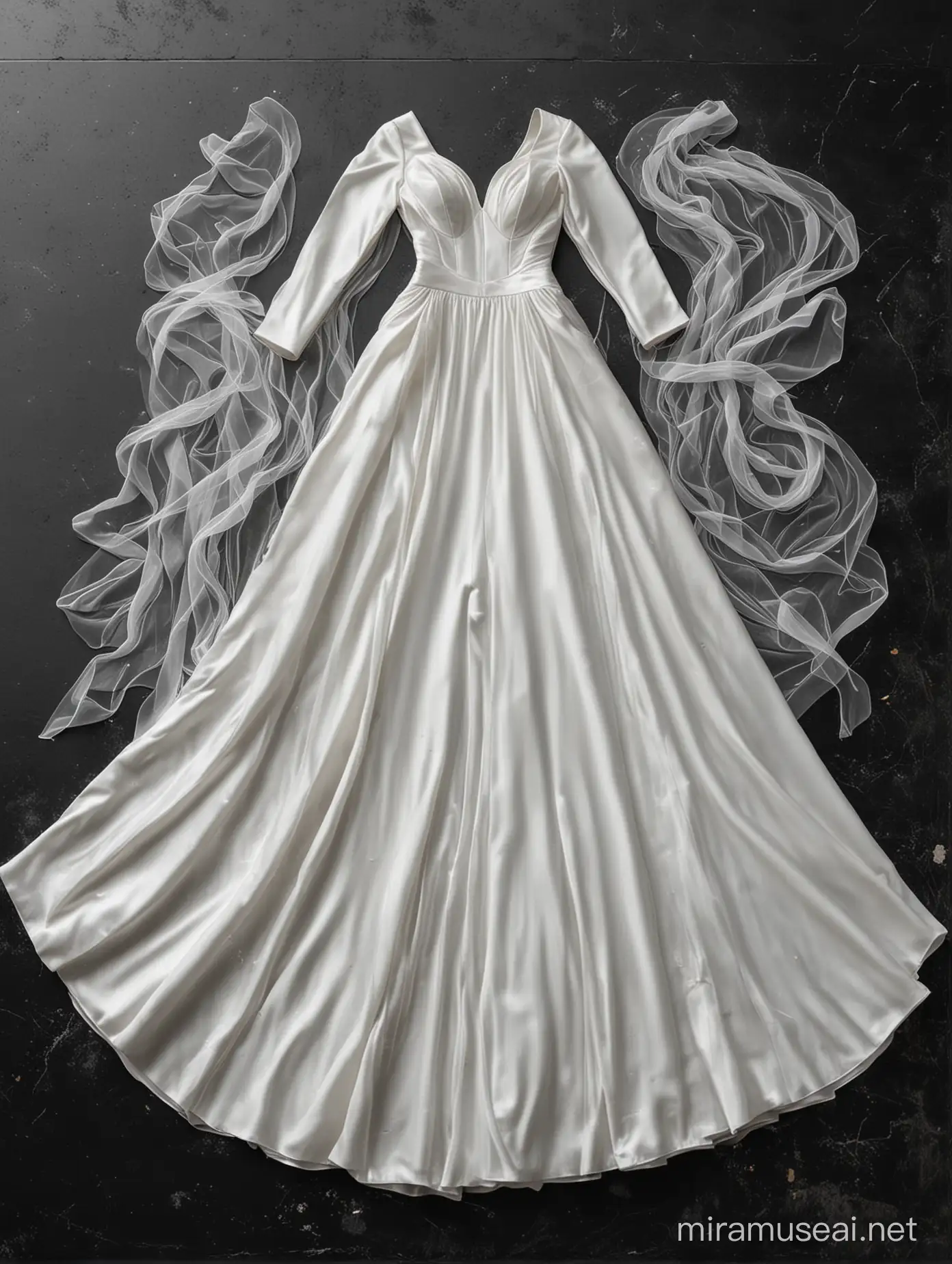 Elegant White Silk Wedding Dress Billowing in the Wind on Black Surface