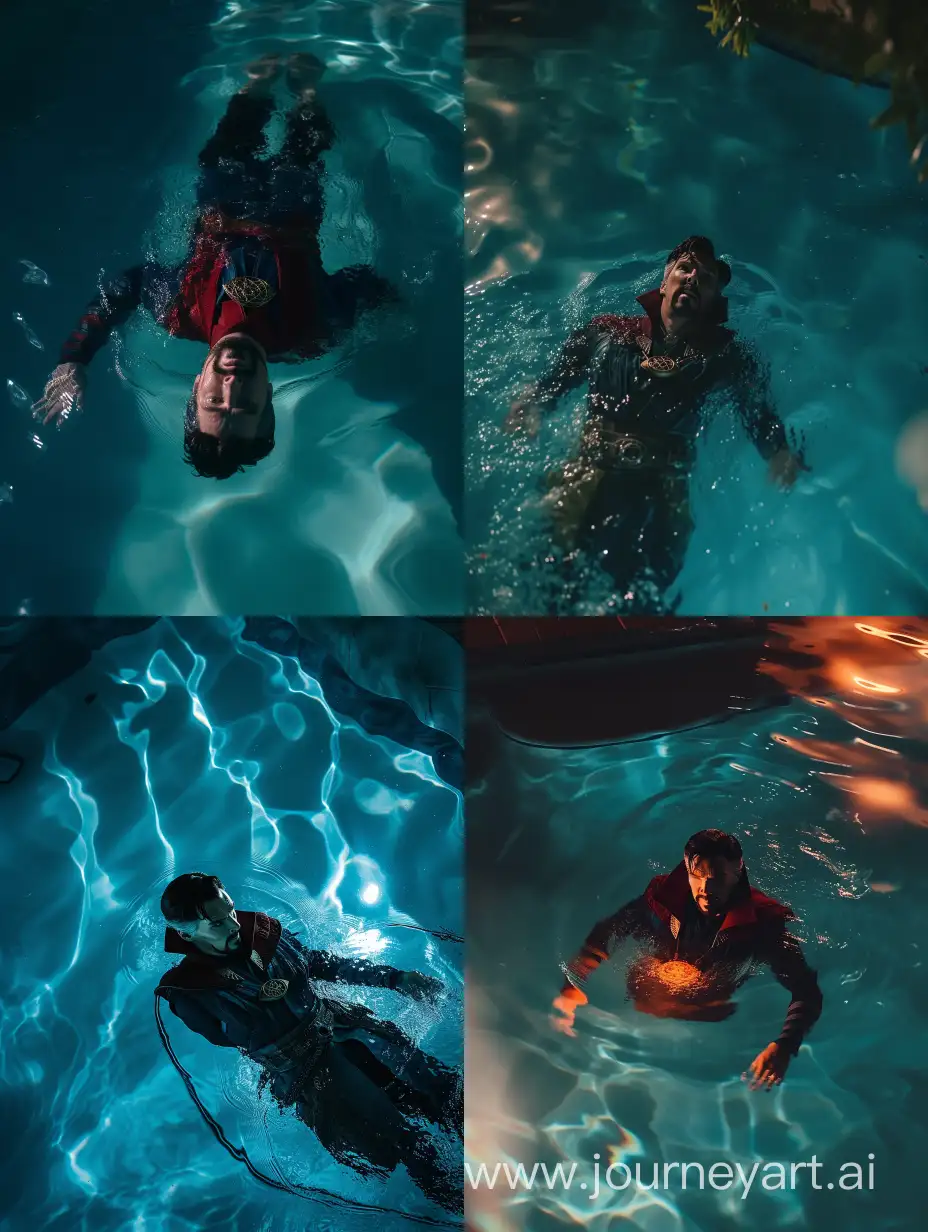 Doctor Strange swimming in a pool during night