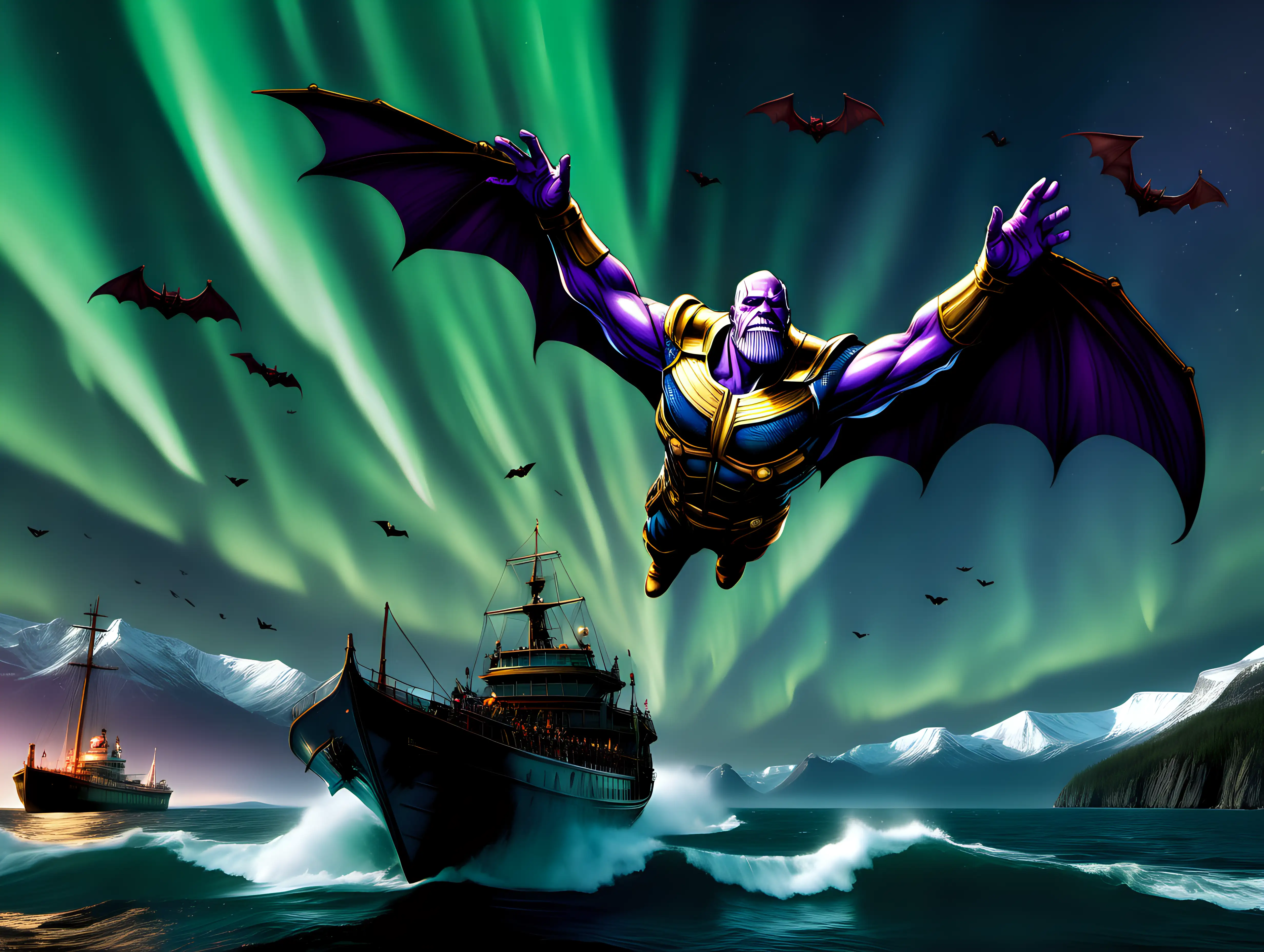  Thanos raising out of the sky and vampire bats hovering over ships sailing near the aurora borealis photorealistic