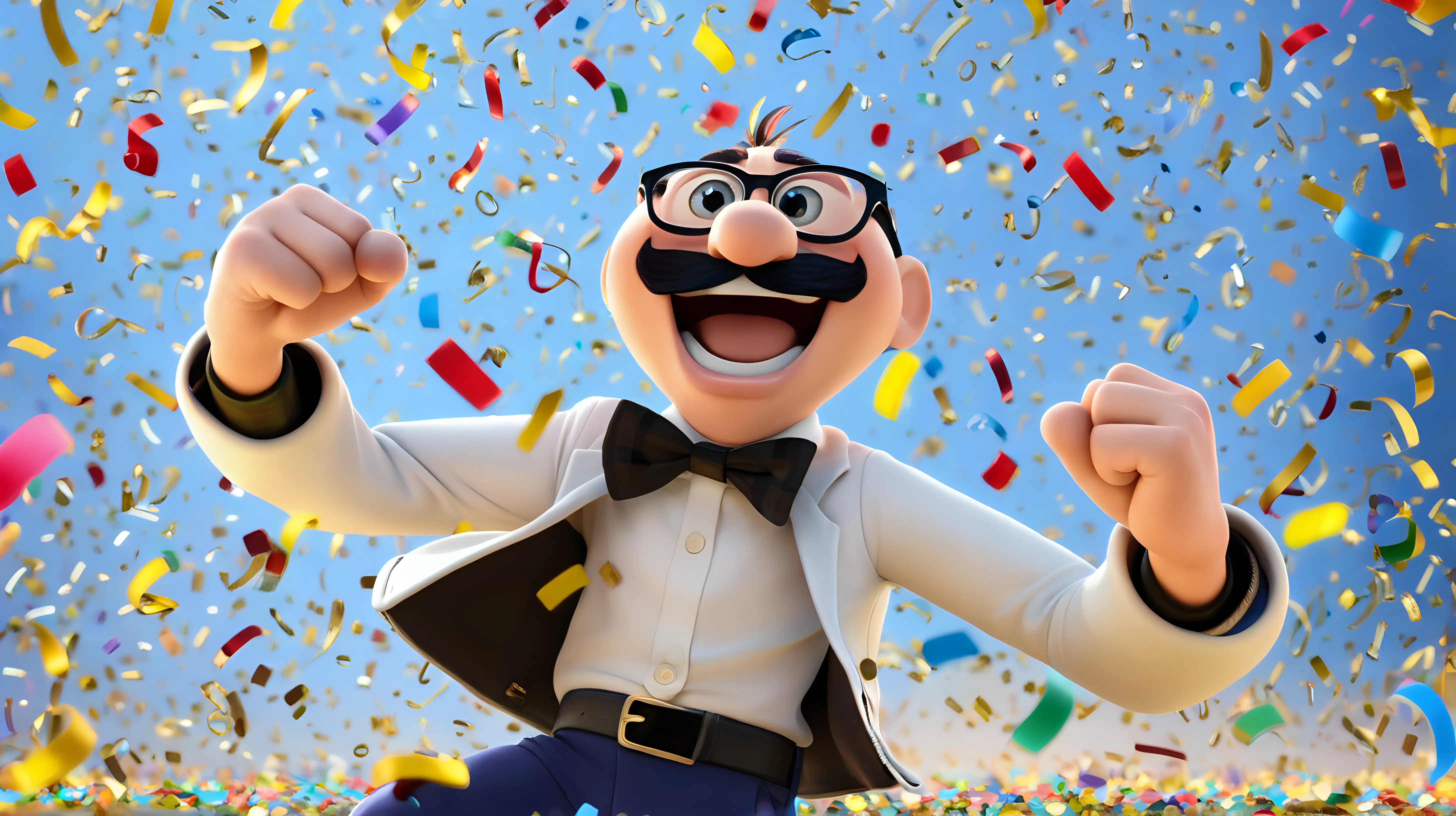 An animated character doing a celebratory dance with confetti falling around them.