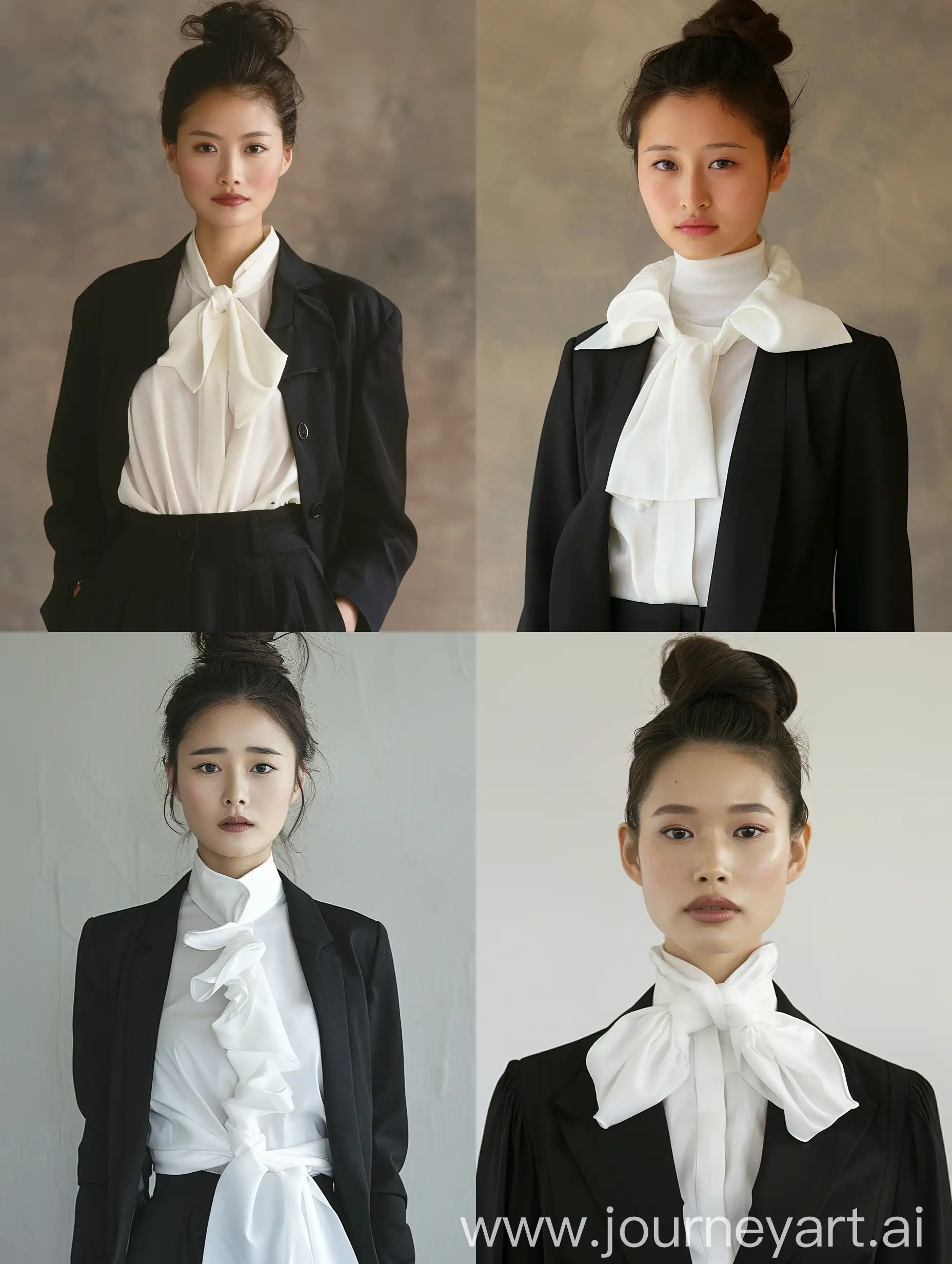 Woman, 30 Years Old, Asian, Chinese, Feminine, Slim Body, Dark Hair, Tied in a Bun, Makeup, Formal Dress Code, Formal Black Pant Suit, Formal White Blouse, Neckline, Collarbone, Large Folded Collar, 2000’s Fashion, 2005, Retro, Office, Work Atmosphere, Photography, Realism