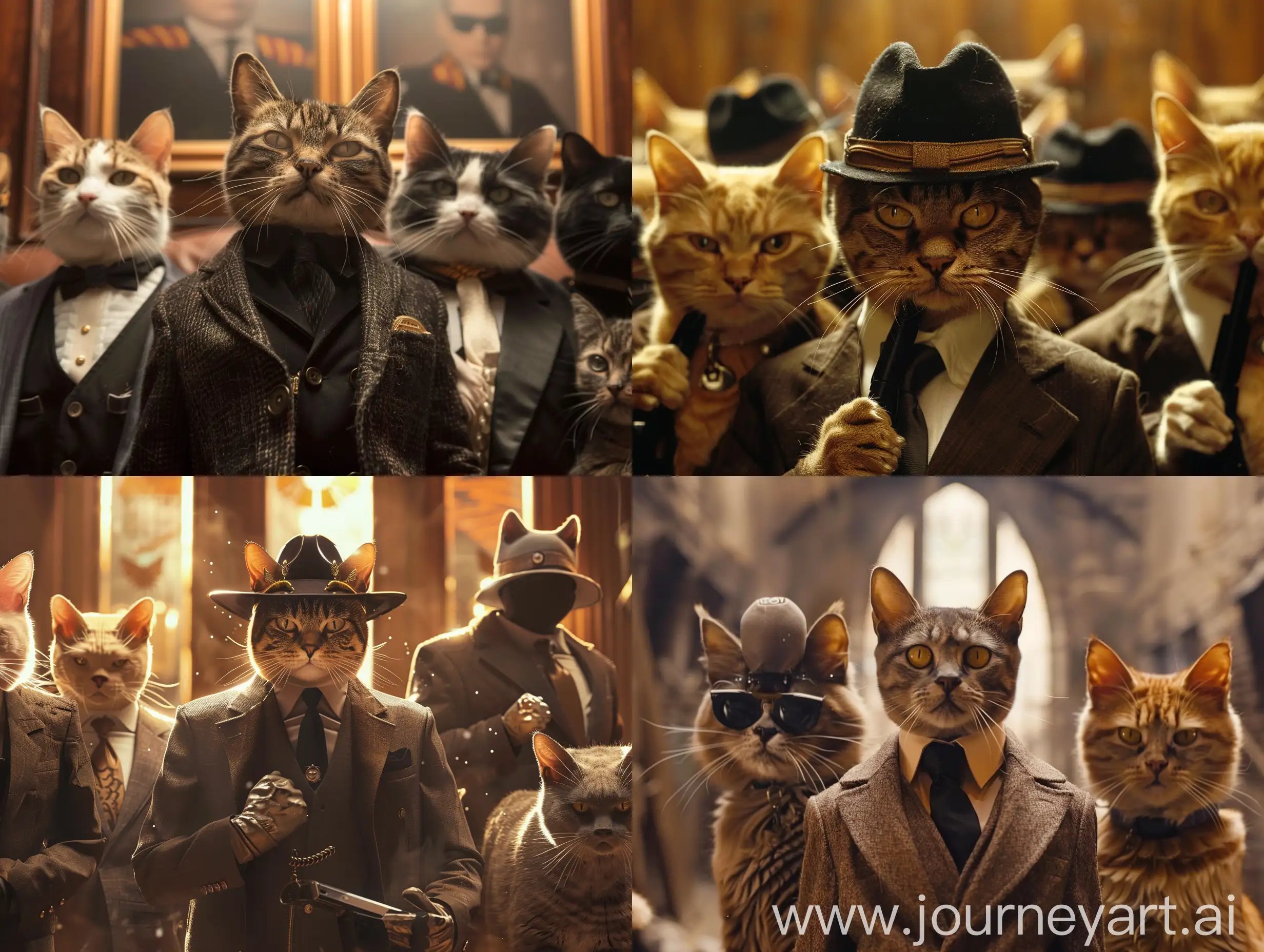 Picture a frame from a Secret Agent movie if all the actors in it were cats, cinematic frame, cat actors, cinematic treatment, action scene, Secret Agent, High resolution 32K