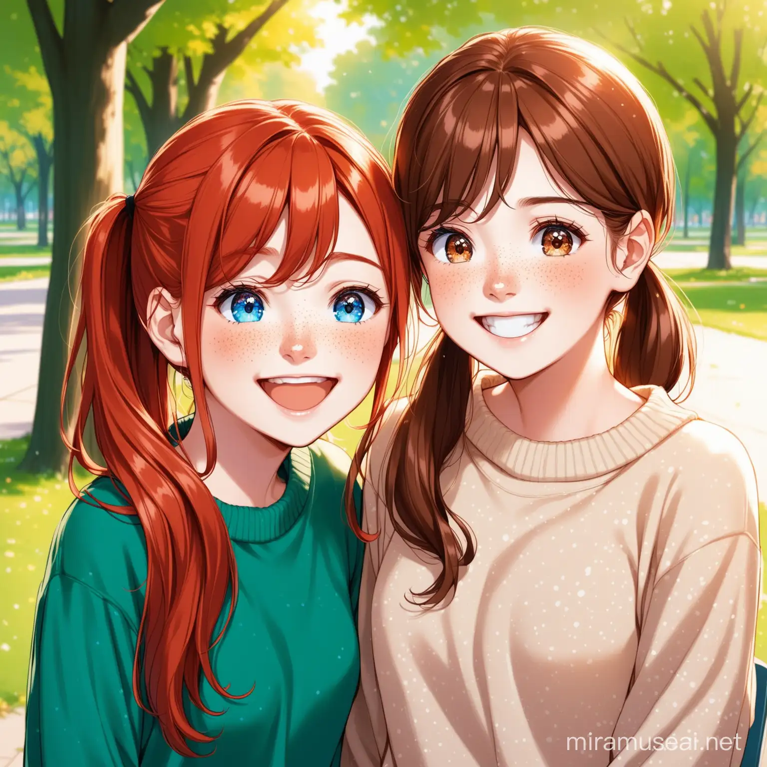 A red-haired girl with blue eyes and freckles in a sweater fifteen years old and a girl with brown hair in two ponytails with brown eyes laughing in the park