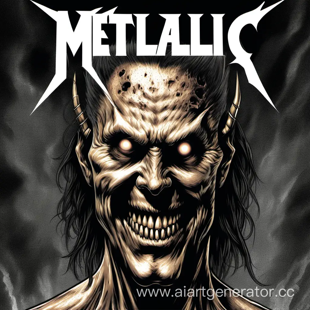 обложка в стиле металлики, улыбающийся человек смотрит вперед, пол его лица человеческое пол лица демона

