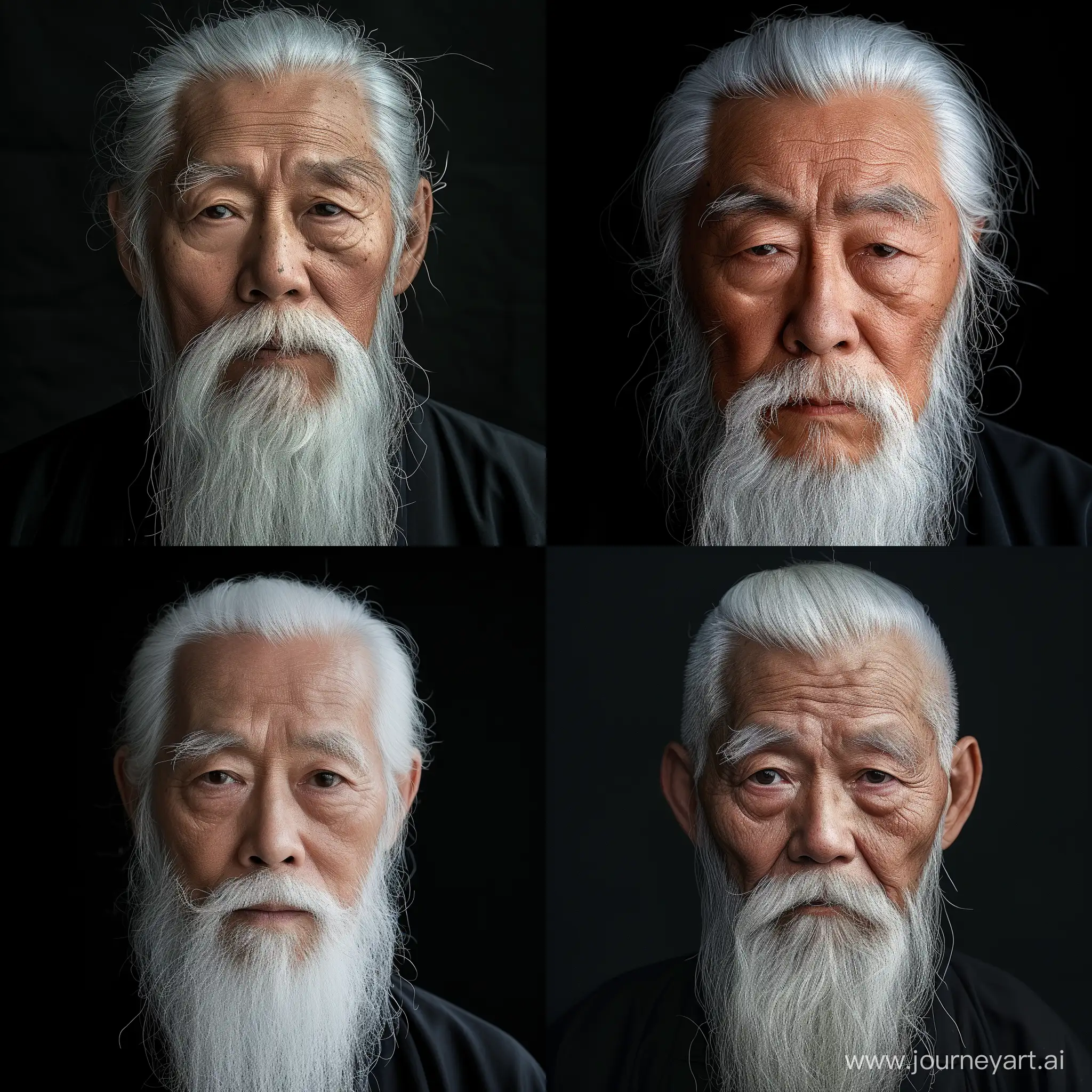 The face of a 70-year-old philosopher Chinese man with a white beard is a high-quality face / black background / the photo is old.