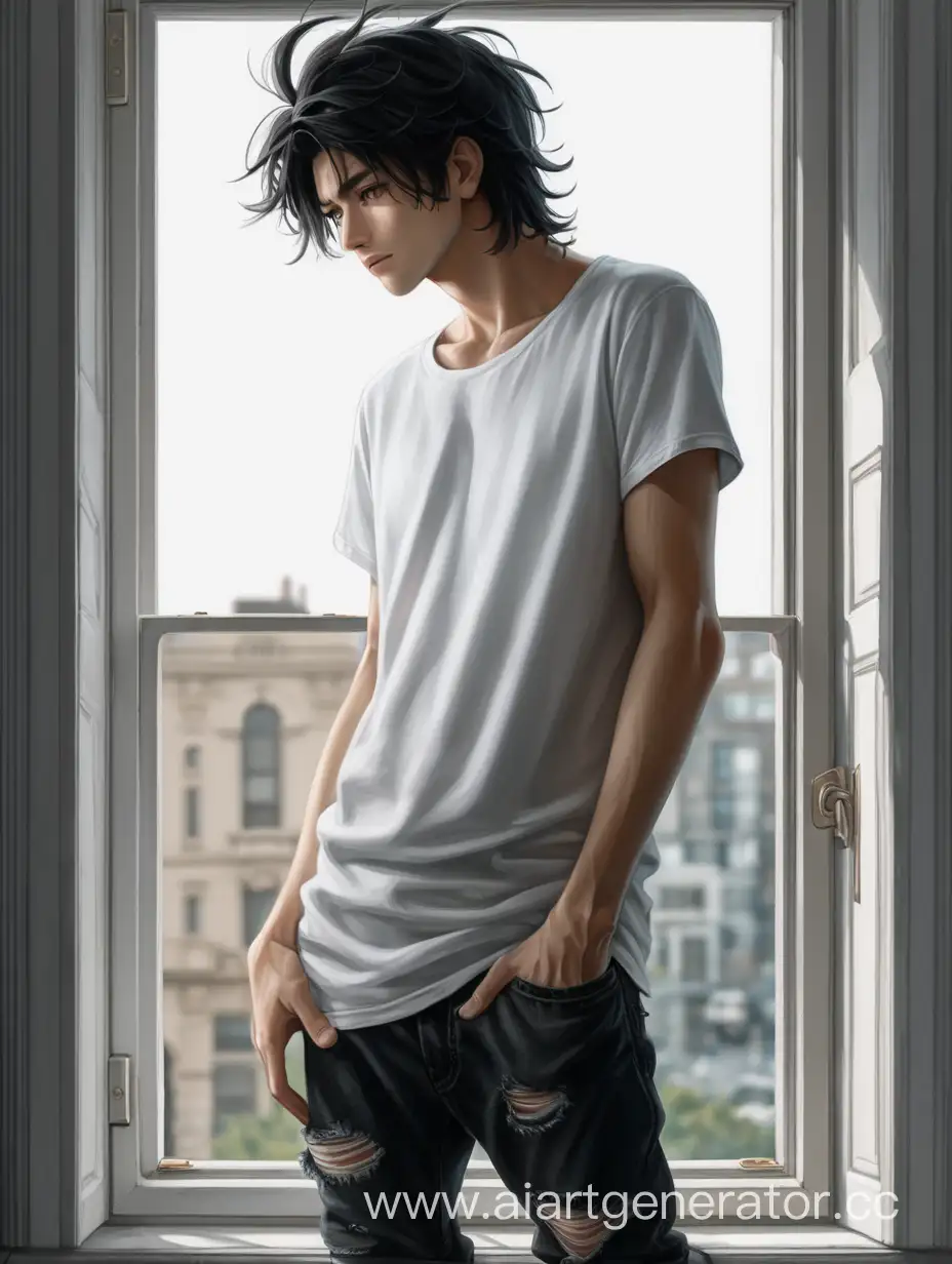 Парень с черными растрепанными волосами стоит у окна в белой футболке, черных мешковатых джинсах, босиком.