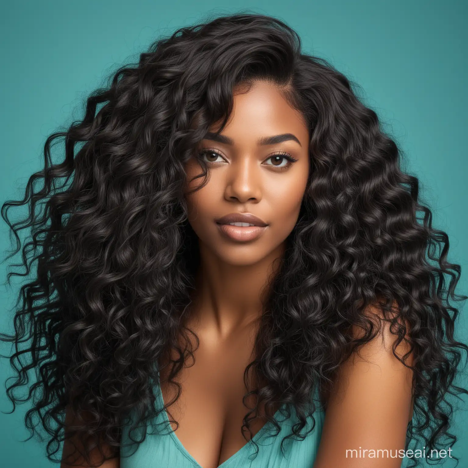 Elegant Black Woman with Flowing Wavy Hair on Teal Background