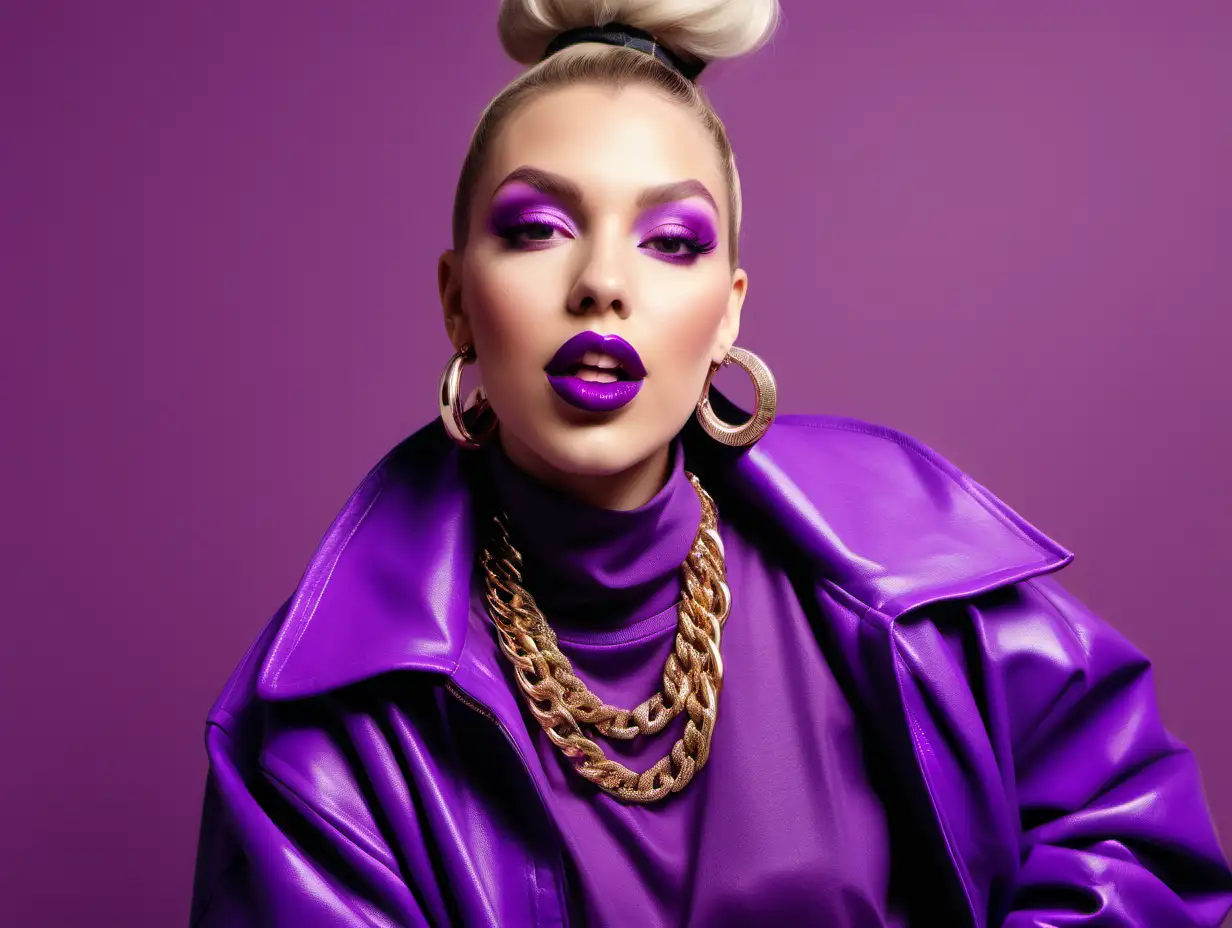 a bright and fun photograph featuring a caucasian female wearing plum-purple accessories and lipstick and oversized clothing. Bright and fun image. Hip-hop-vibes.