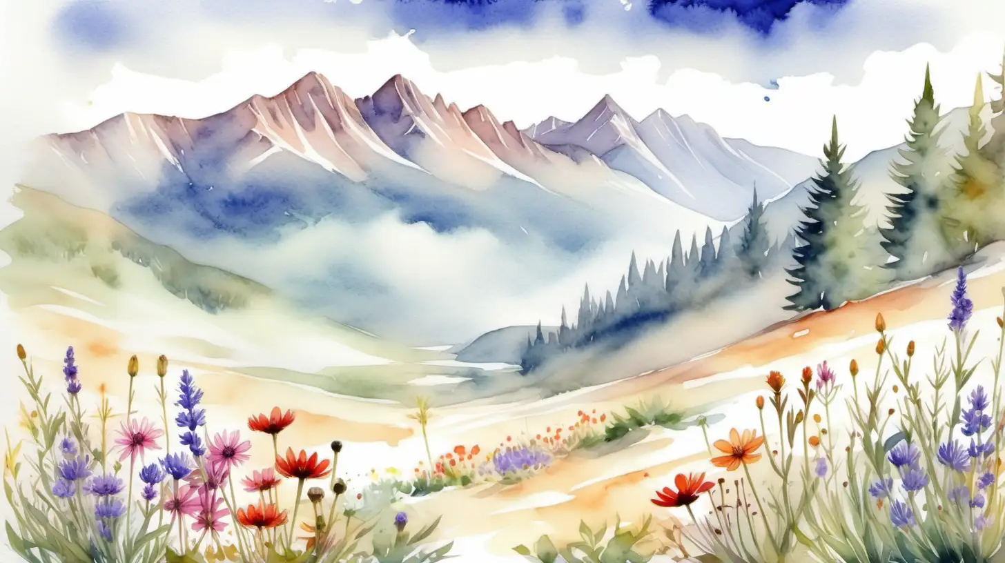 Scenic Watercolor Wildflowers Landscape with Majestic Mountains