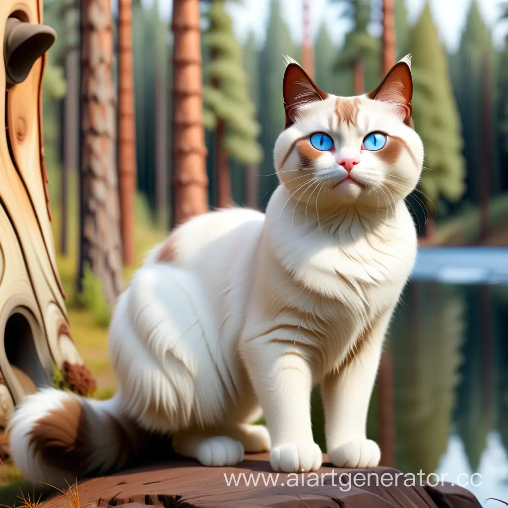 Кот, белый с голубыми глазами бурым левым ухом, бурым хвостом, высокий и толстый. На фоне хвойного леса и реки. 