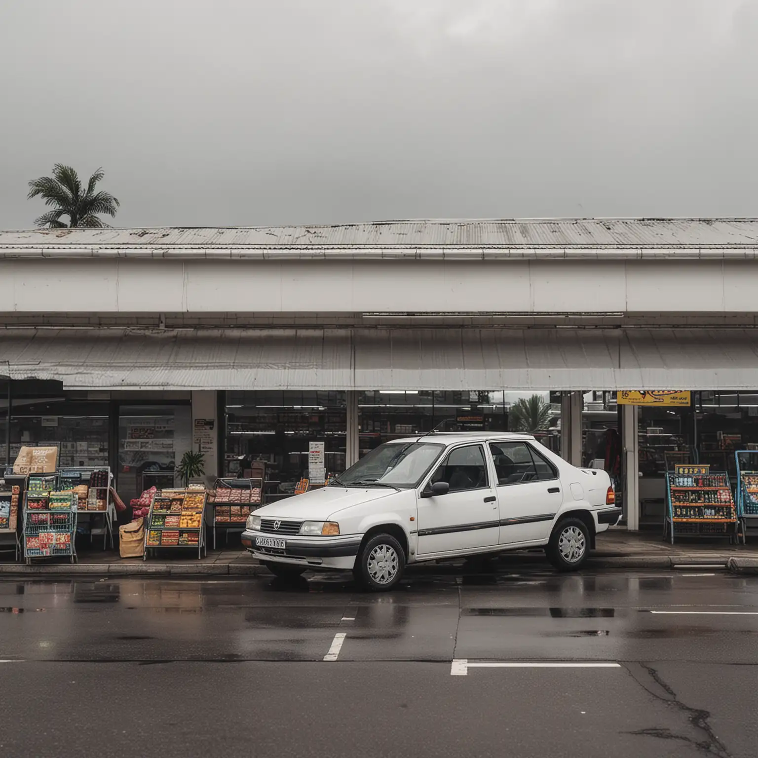 Gloomy Tropical Atmosphere White Renault 19 Parked Outside Small Supermarket