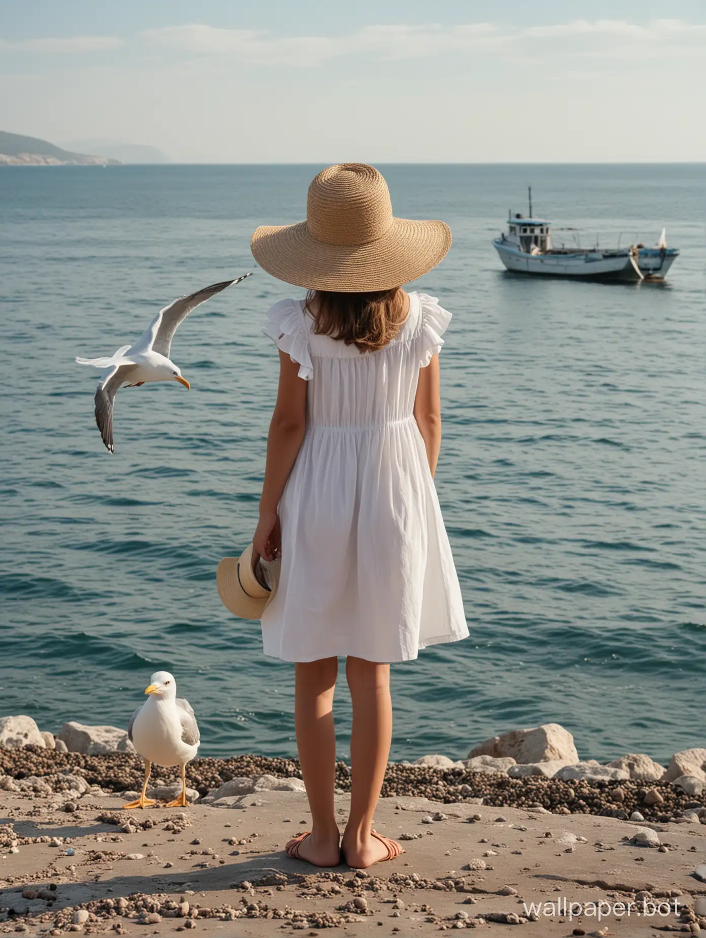 Black Sea, Crimea, a girl 11 years old in a summer dress and hat, seen from behind, full-length, a ship in the distance, seagull
