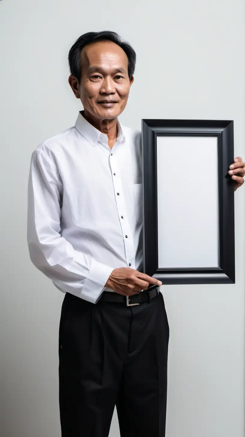 a 60 year old south east asian man with skinny figure, black short thin sleek hair, full face big forehead, wearing white button up shirt and black pants. handing a picture frame sideway