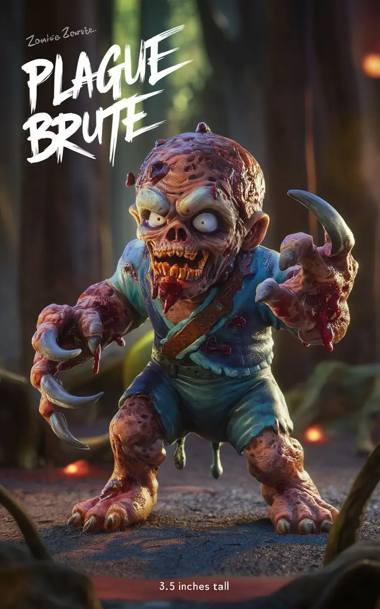 3D cartoon Zombie character portrait render. Full-body UHD Plague Brute Figurine: Standing at 3.5 inches tall, the Plague Brute figurine exudes an aura of decay and terror. Crafted from durable resin, it captures the monstrous details of the zombie monstrosity with grotesque accuracy. Covered in toxic decay and wielding jagged claws, the Plague Brute looms menacingly, ready to spread disease and destruction. Every detail, from its oozing sores to its menacing snarl, evokes the horror of the undead. Include name "Plague Brute" in crisp zombie text, volumetric lighting, in ukiyo-e art style, natural beauty.
