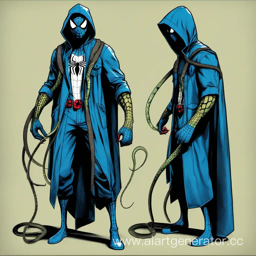 Человек паук в полный рост, синего цвета со змеиным капюшоном, с чешуёй 