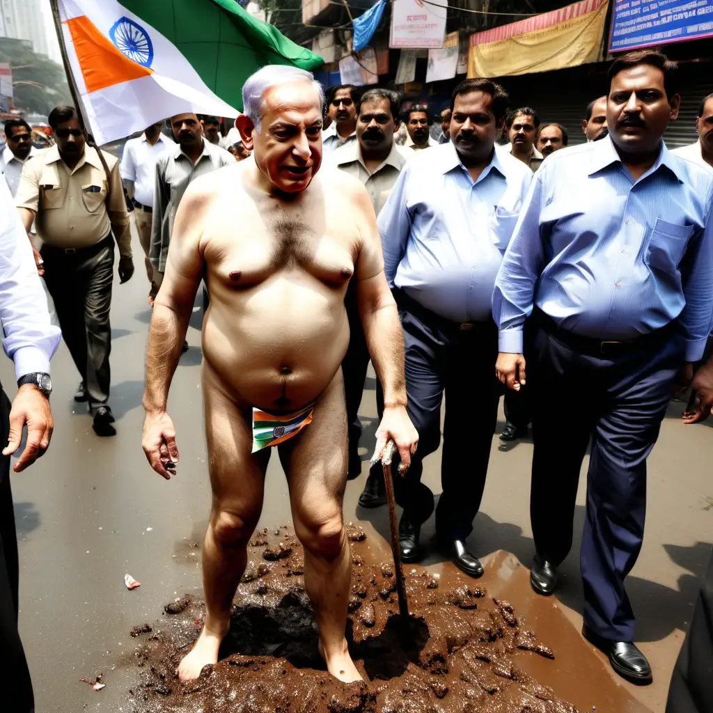 Benjamin Netanyahu is defecating naked in the busy streets of Mumbai. He is surrounded by filth and dirt. He wipes his ass with the flag of India.