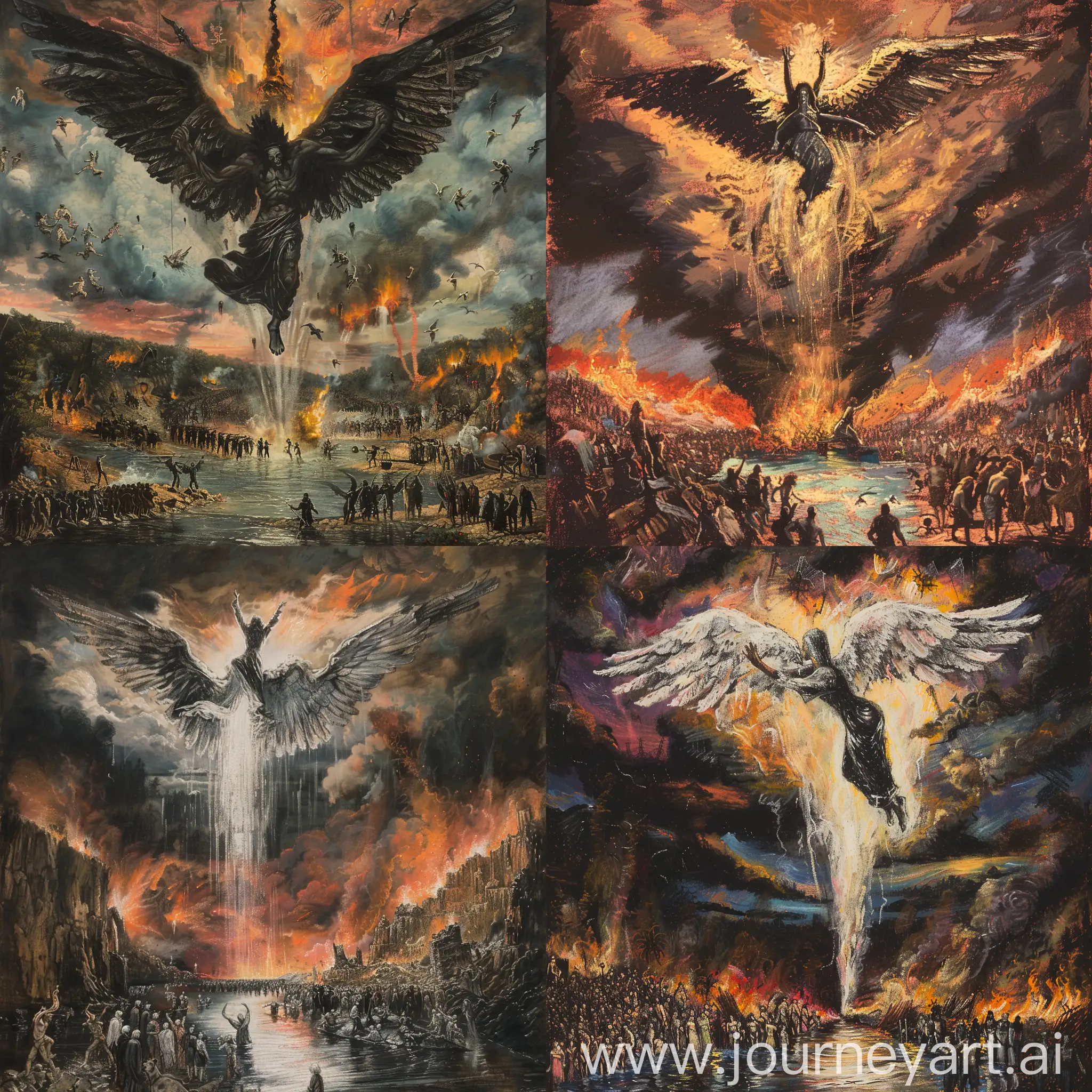 Pastel painting of the Angel of Death descending from heaven to earth, floods, fires, dark skies, ominous shadows, people in panic, death, destruction, epic scene