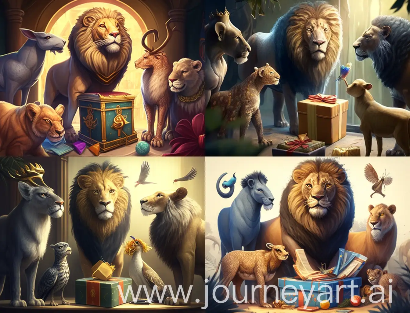 Animal-Subjects-Presenting-Gifts-to-Lion-King-in-Royal-Court