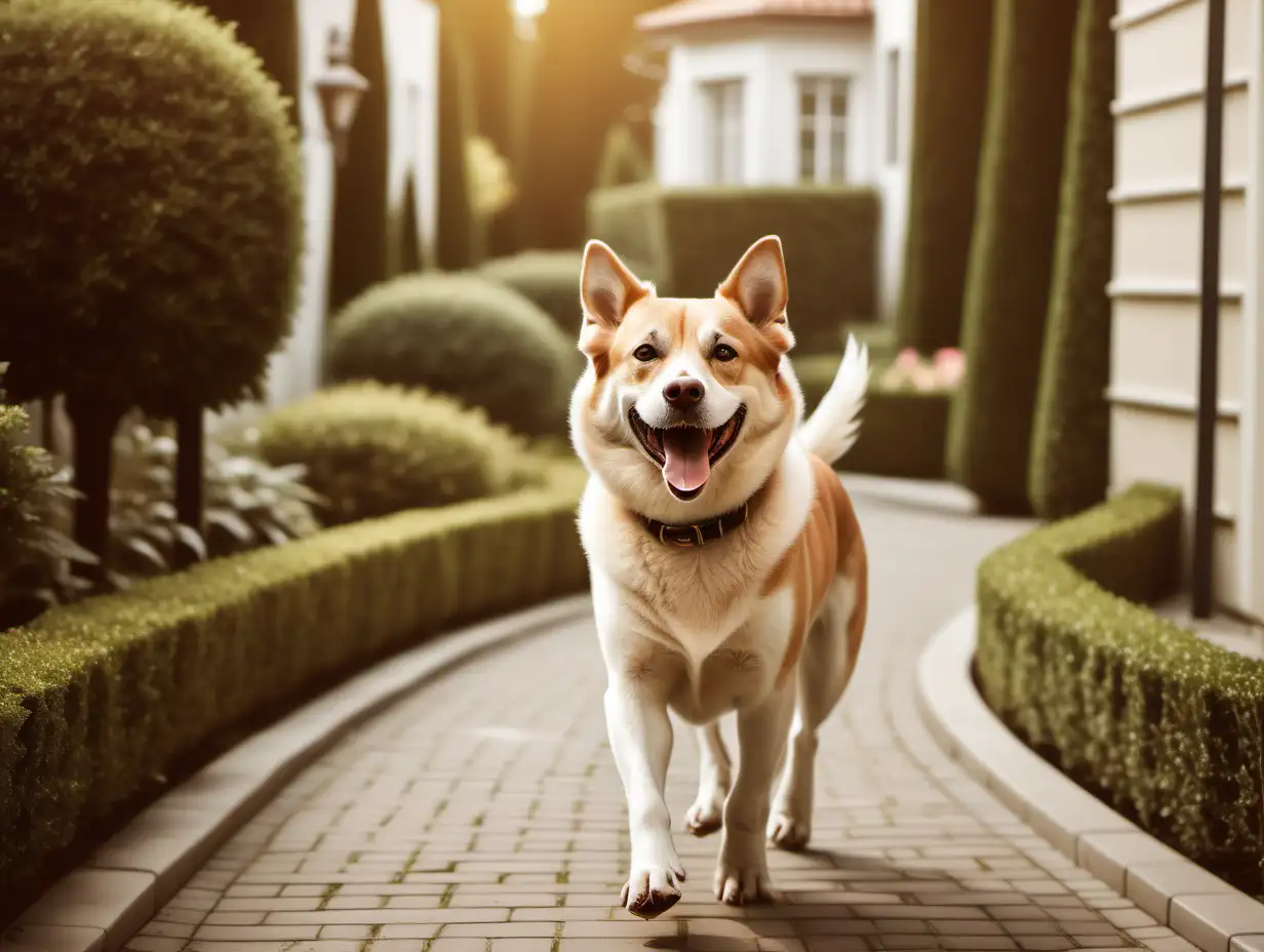 Create an image of a happy dog having a walk in an upscale neighbourhood. The house where the dog lives looks high-end, and expensive, like a wealthy family is living there. The dog color is white. The dominant colors of the image shall be muted browns, beiges, and forest greens. The dog looks happy. The general mood of the picture shall be relaxation, calmness, and happiness.
