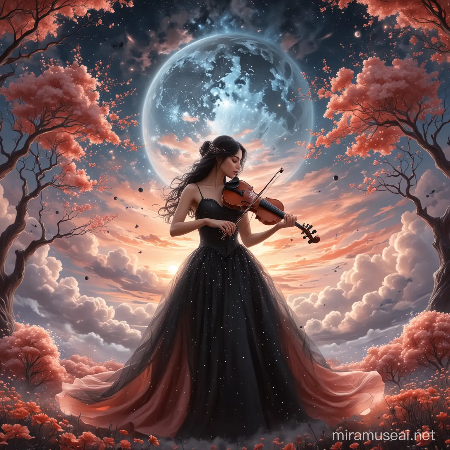 A beautiful woman, playing violon,  in the cloud sky, in front of a big transparent balls with branches inside. Long wavy black hair. Elegant long salmon and black wedding dress, haute couture. Background nebula salmon sky. Background constellation map. Background flowers. 8k, fantasy, illustration, digital art, illustration art, fantasy art, fantasy style