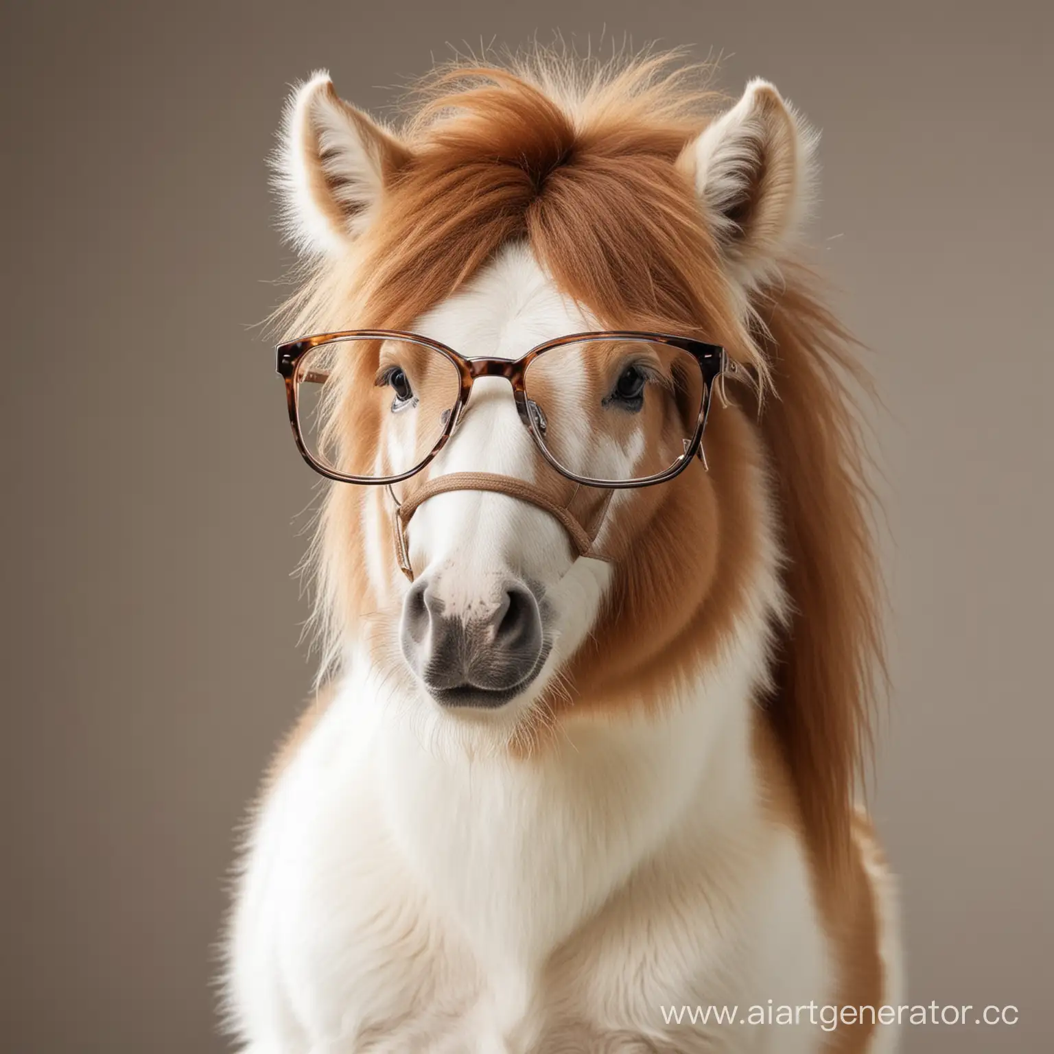 Пушистый коричнево белый пони в очках