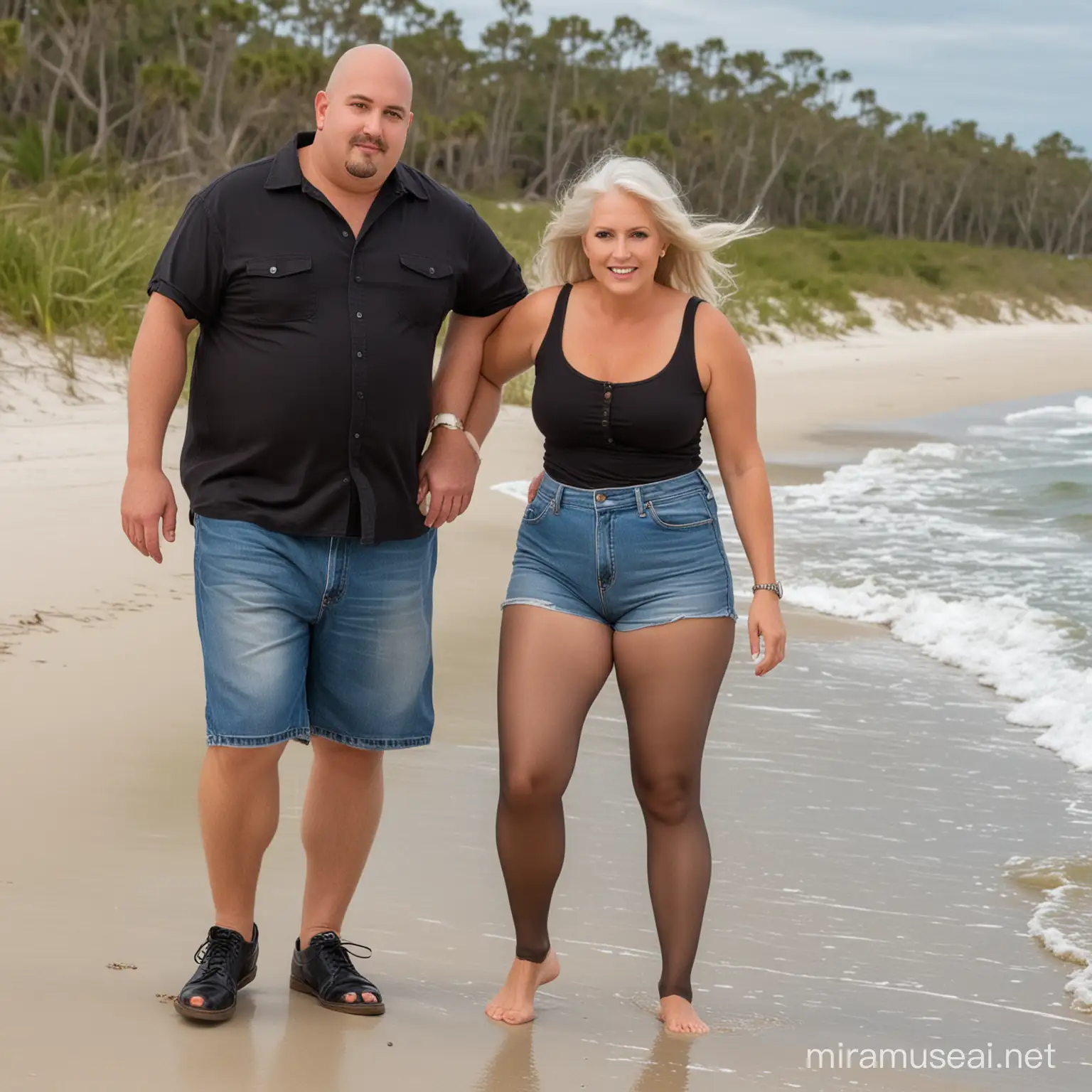 husband and wife on Florida sandy beach, fat chubby husband bald, 35 years old, short, fat, bald, goatee, wearing jeans shorts and black button down shirts, wife 65 years old, shiny brown pantyhose nylon tights, fit, silver hair, shiny brown pantyhose nylon tights, denim blue jean shorts, grey tank top

