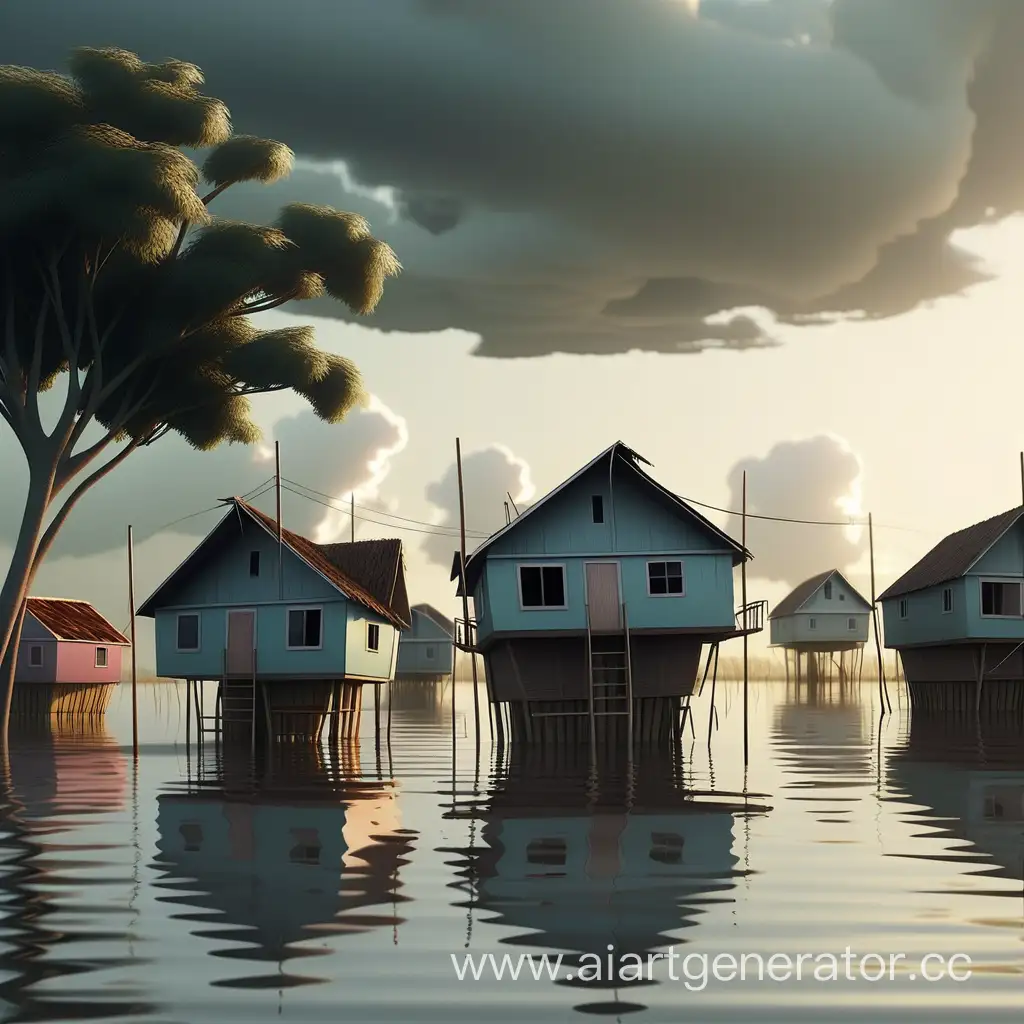 Flooded-Island-at-Dawn-with-Stilted-Houses-and-Boats