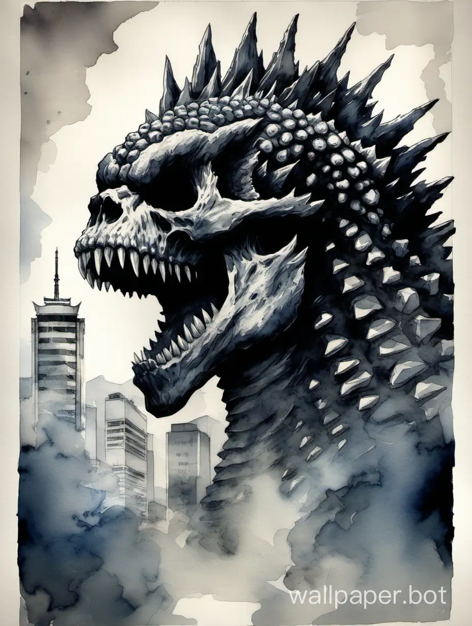Majestic-Skull-Godzilla-in-Striking-Gray-Tone-Japanese-Watercolor-Poster