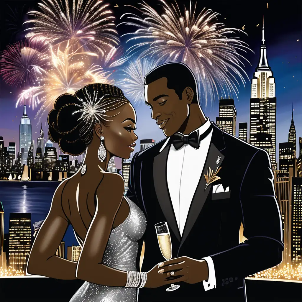 "Enhance the opulence: Visualize a glamorous New Year's Eve office scene featuring a stunning African American woman with a glamorous braided updo, adorned in diamond jewelry, paired with a handsome man in a sharp tuxedo. Both hold champagne flutes against the New York skyline, illuminated by dazzling fireworks spelling '2024.' This detailed illustration captures the essence of sophistication, celebration, and the unique charm of welcoming the new year in style."