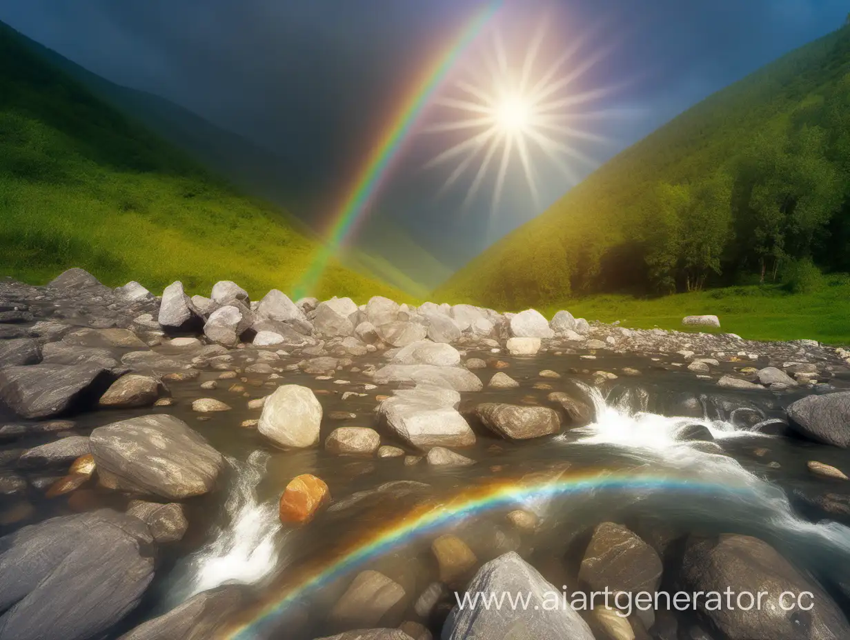 Tranquil-Mountain-River-with-Sunlit-Rainbow