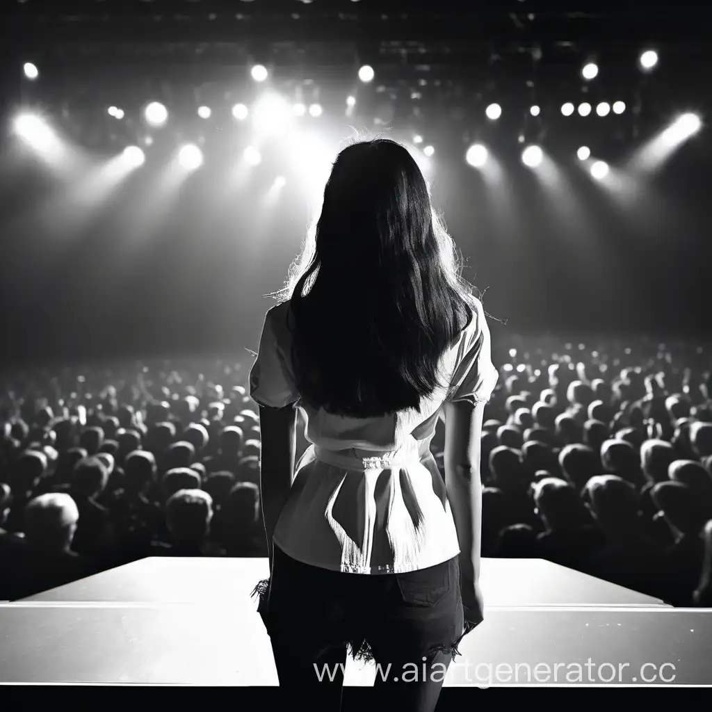 The girl looks at the stage with her back