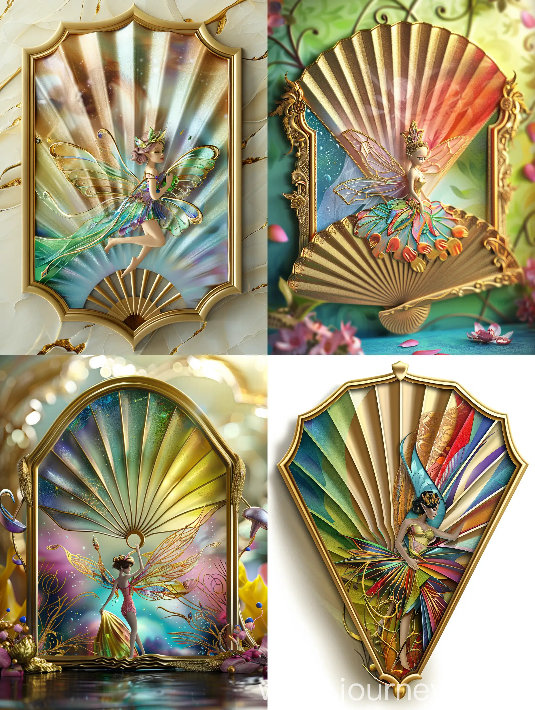 Create a whimsical fairy. The fairy has a whimsical background. Colorful. The image is set inside a gold frame in the shape of a fan. Photorealistic, 8K