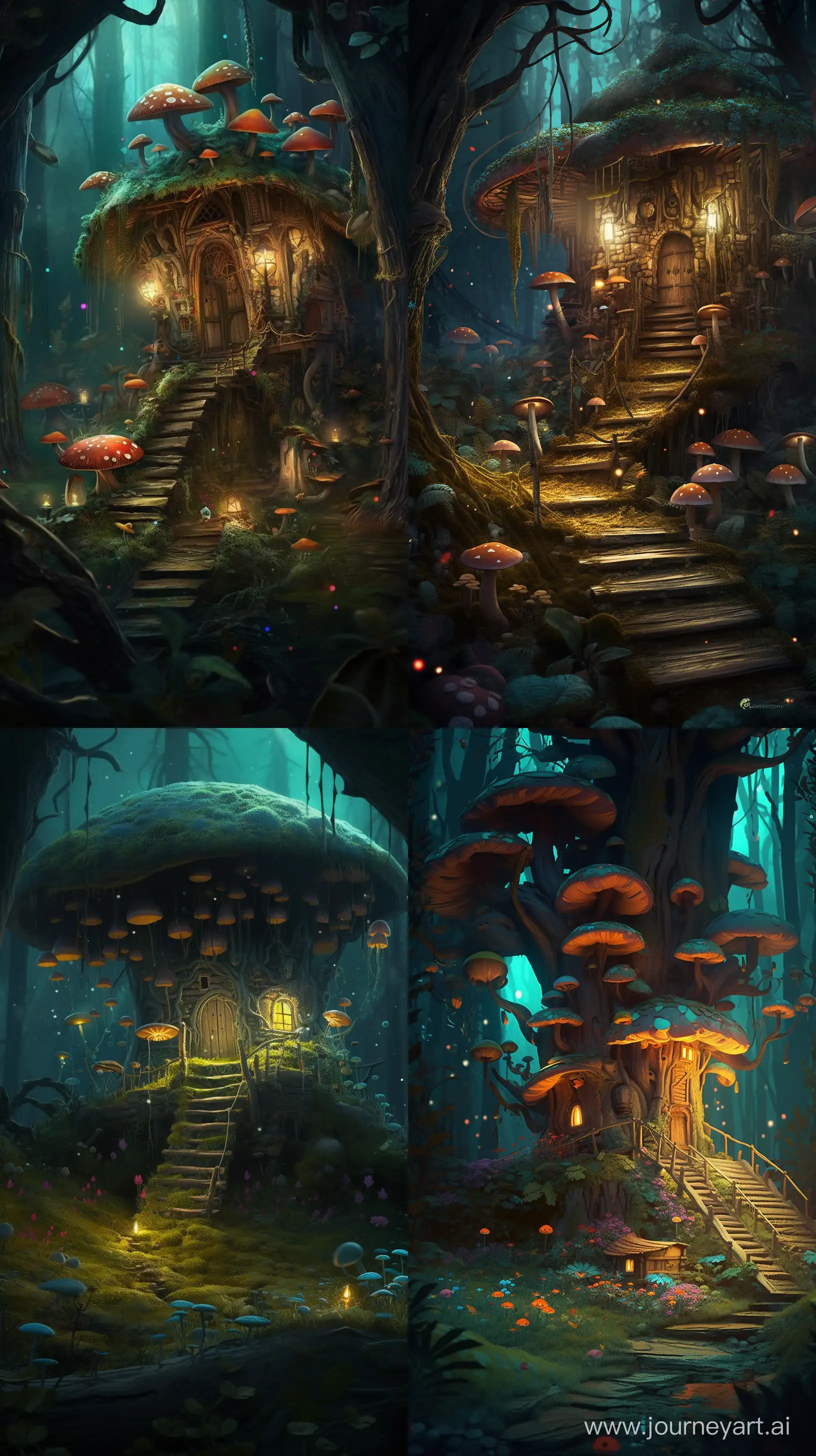 A magical forest dwelling hidden beneath a thick canopy of ancient trees, the house constructed with moss-covered stones and wooden beams, surrounded by fireflies and illuminated mushrooms, Illustration, create a digital artwork with vibrant colors to evoke a sense of enchantment and wonder, --ar 9:16 --v 5