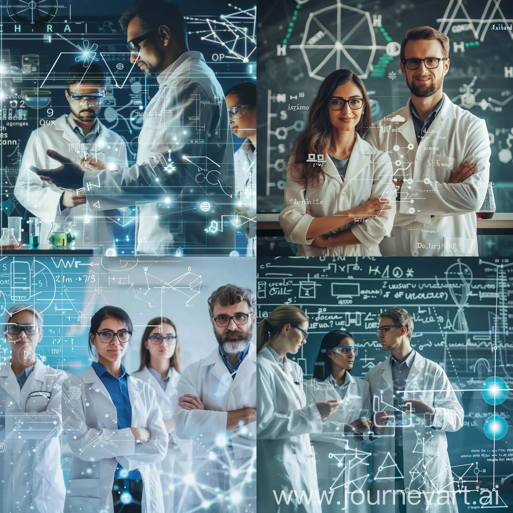 scientists in a lab coat in a science lab. advertisement charts with math equations and element symbols in the background.