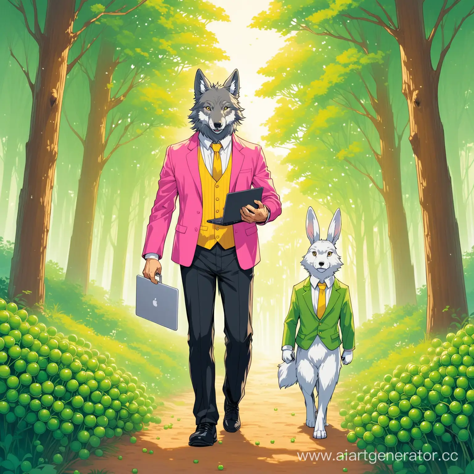 Forest-Stroll-Wolf-and-Hare-Companion-Walking-Amidst-Nature