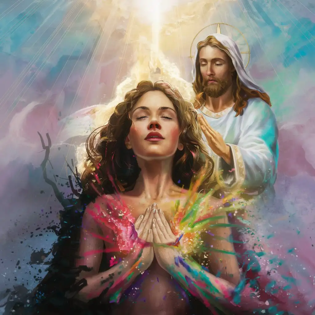Create a transformative  digital painting of a beautiful woman  experiencing a profound spiritual awakening and renewal, as Jesus pours out blessings of healing and restoration, casting out the shadows of darkness and bringing forth a new life of purpose and joy.