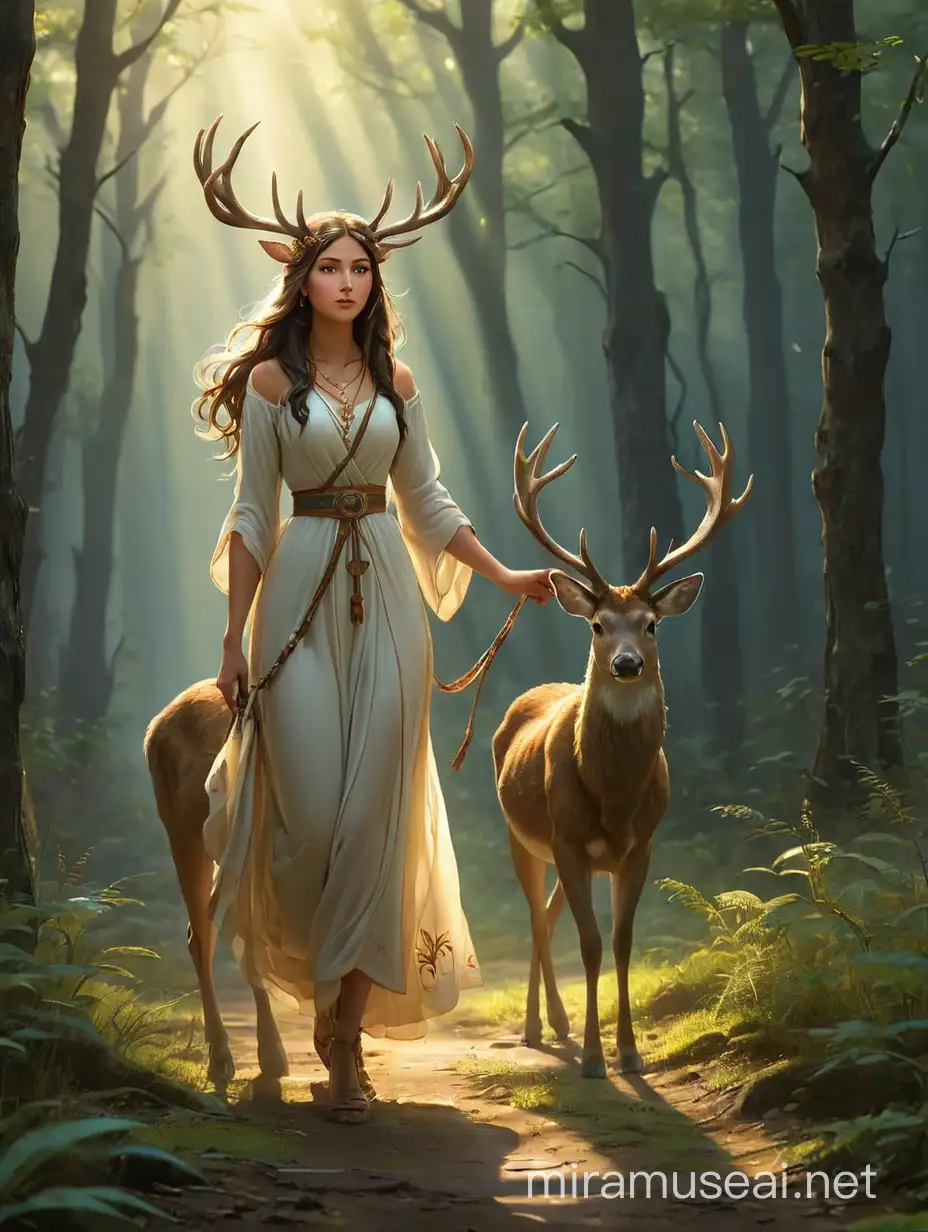 Maria alone communed with ancient transparent spirits, receiving wisdom that illuminated her path . she is walking away next to a deer with long antlers into the light