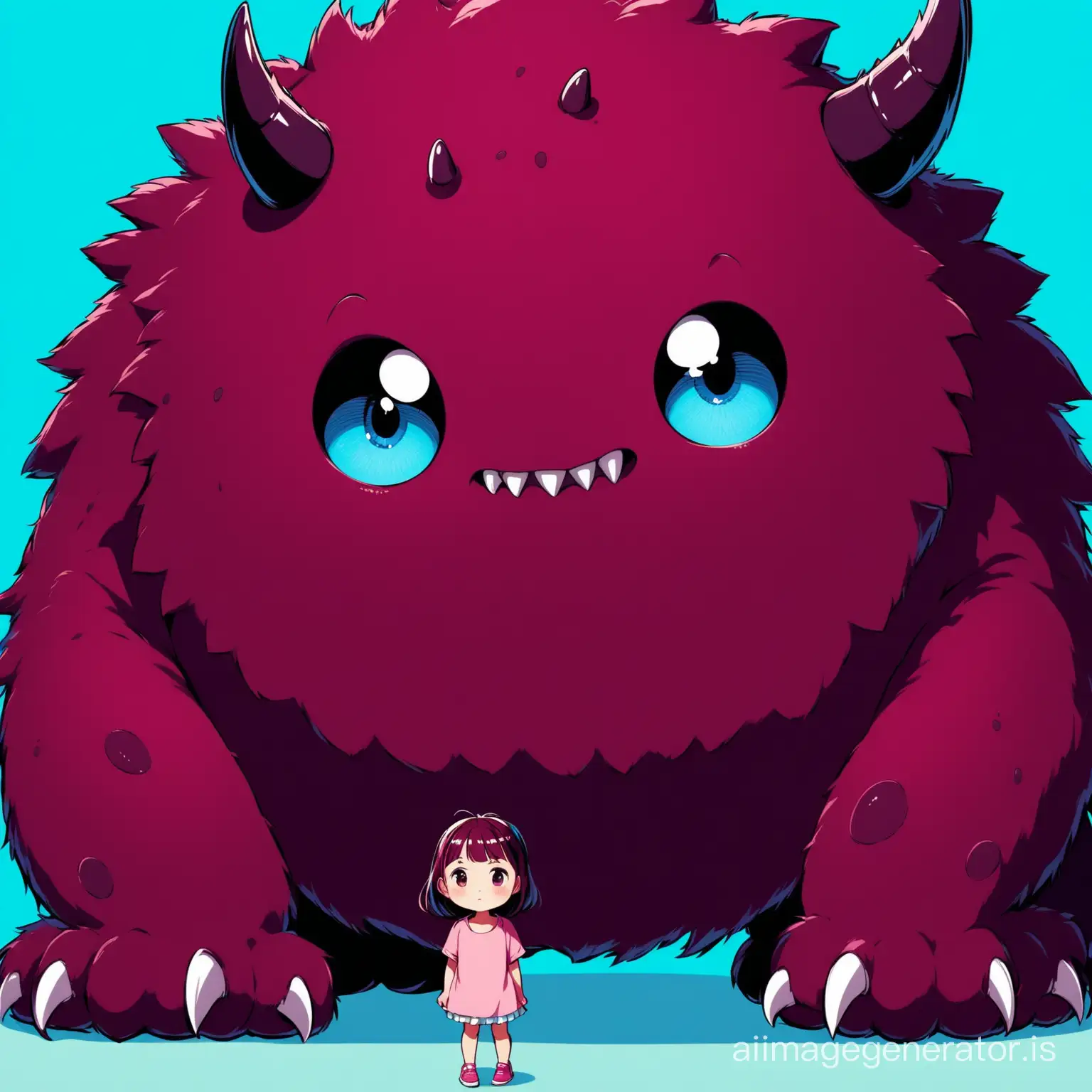 little girl next to a burgundy-colored monster with a blue background
