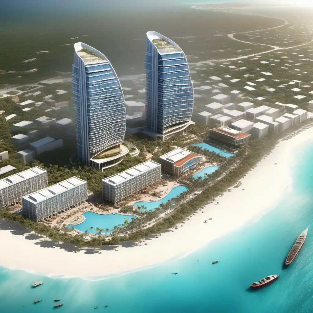 Generate a 800 meters building higher than burg khalifa.  Place the building on seafoeth beach in Antigua and barbuda.  Show at aerial view and street view.  Show 10 sourroundongs hotels at least 50 stories tall and what a city layout would look like.
