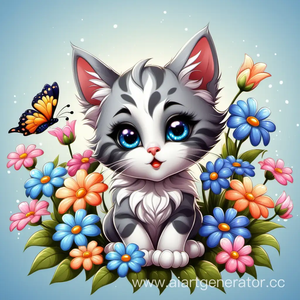 красивый мультяшный котенок с цветами