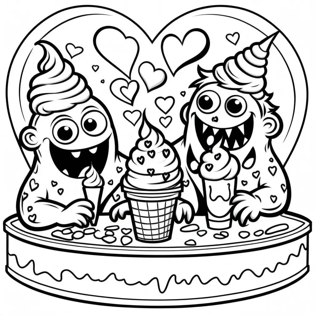 Ice Cream Parlor: Monsters enjoying a Valentine's Day ice cream parlor with heart-shaped sundaes. for a coloring book with crisp lines and white background. Make it an easy-to-color design for children. --ar 17:22--model raw